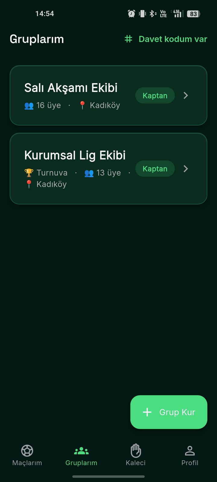 Gruplarım — halısaha ve turnuva grupları