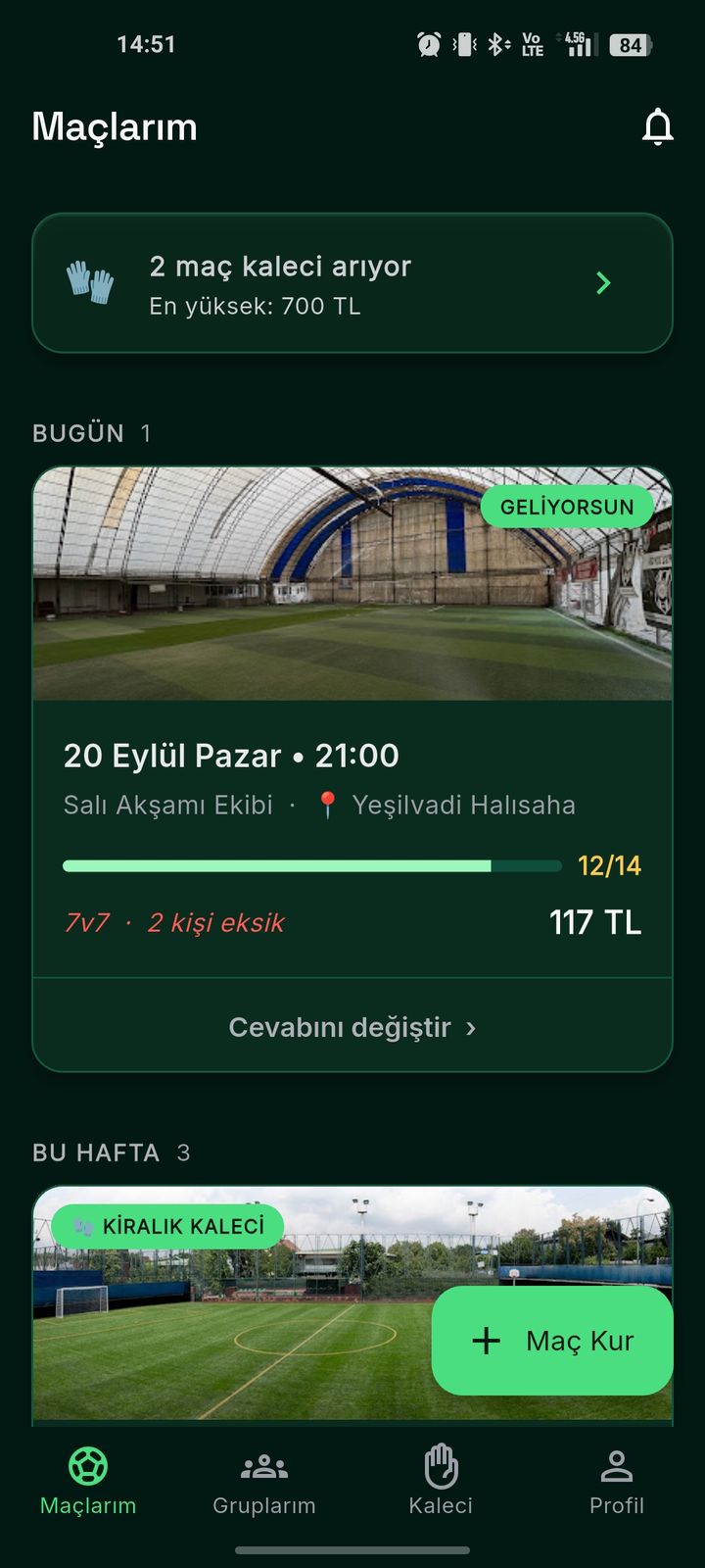 Kadro Tamam ana sayfa — yaklaşan halısaha maçları