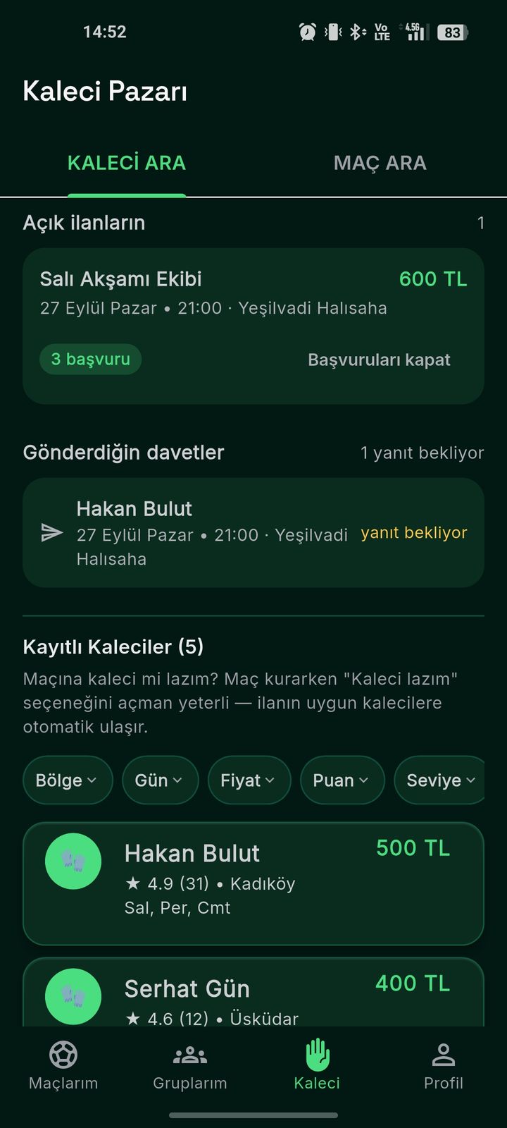 Kaleci ara — kayıtlı kaleciler, puan ve ücret
