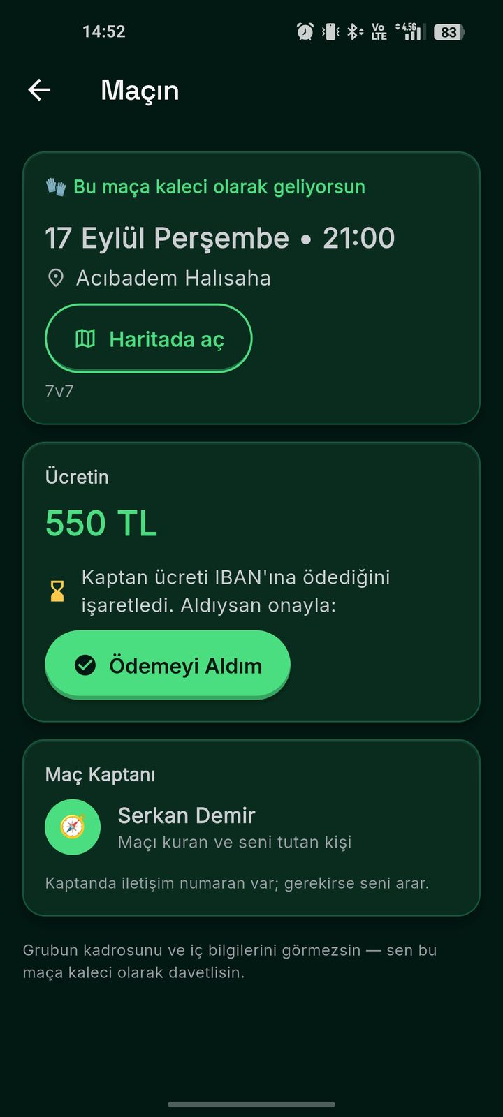 Kaleci maç ekranı — ücret ve ödeme onayı
