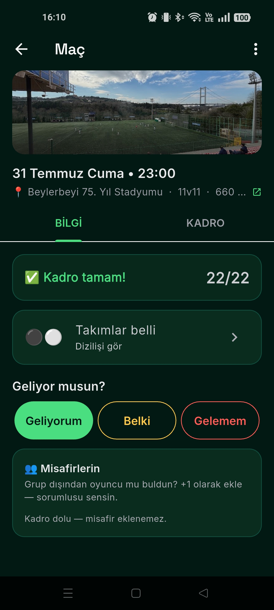 Maç detayı — kadro sayacı, RSVP, takımlar