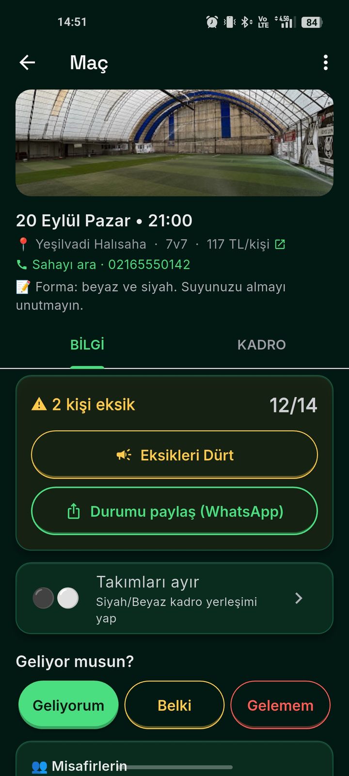 Maç ekranı — kadro sayacı, yoklama, kişi başı ücret