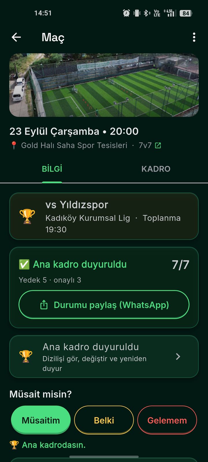 Turnuva maçı — rakip, toplanma saati, ana kadro